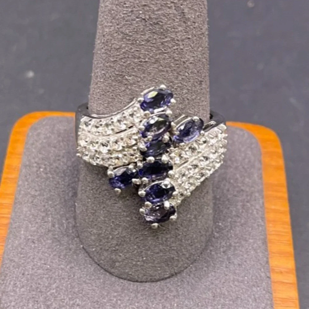 Sterling Silver 925 Blue Sapphire Zircon Cluster Statement Ring Size 10.25